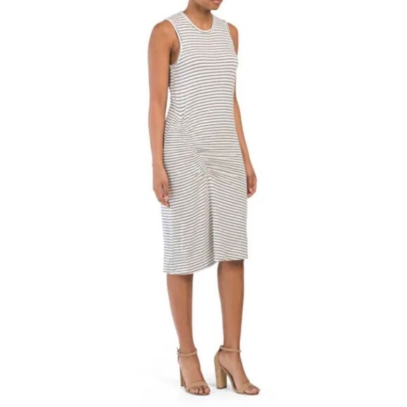 Monrow Supersoft Pinstripe Asymmetrical Shirred Midi Dress Size M Ash Pinstripe - Picture 2 of 4